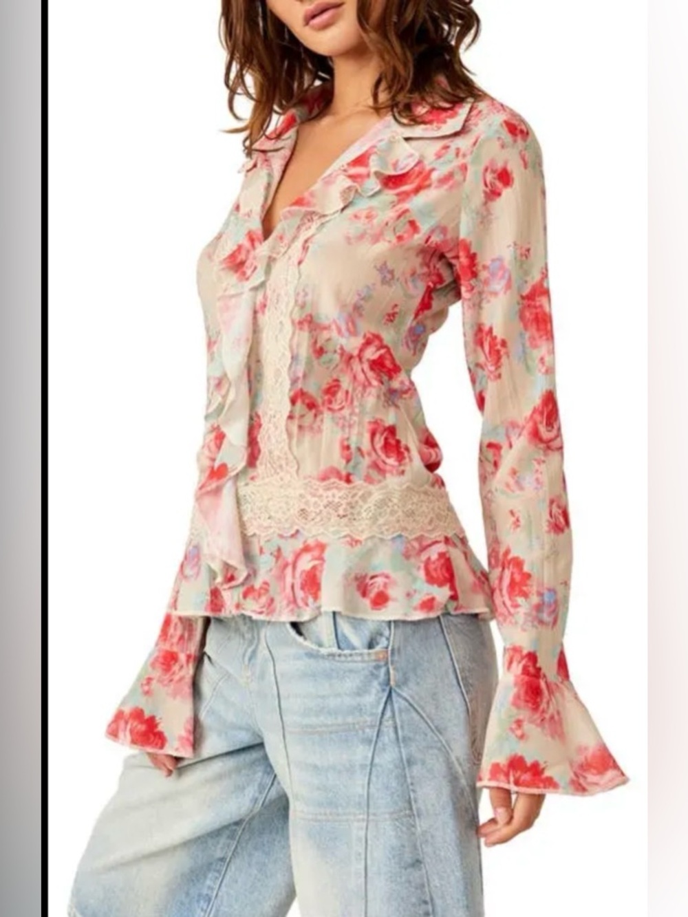 New Free People Bad At Love Floral Lace Trim Too ~ Pink & Mint - Picture 3 of 12